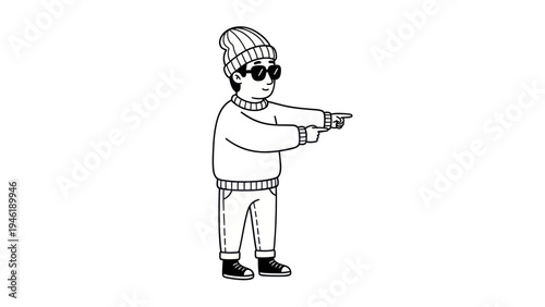 Cartoon person in beanie and sunglasses pointing forward with both hands.