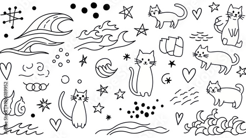 Charming hand drawn cats with whimsical doodle elements and ocean waves.