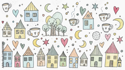 Charming Hand Drawn Houses and Cozy Elements Collection.