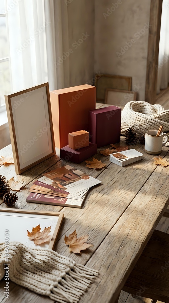 Obraz premium Cozy autumn workspace with colorful gift boxes, knitted blanket, coffee cup and fall leaves on rustic wooden table by window for seasonal branding projects.