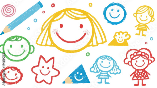 Childrens drawings of happy faces and people with a pencil.