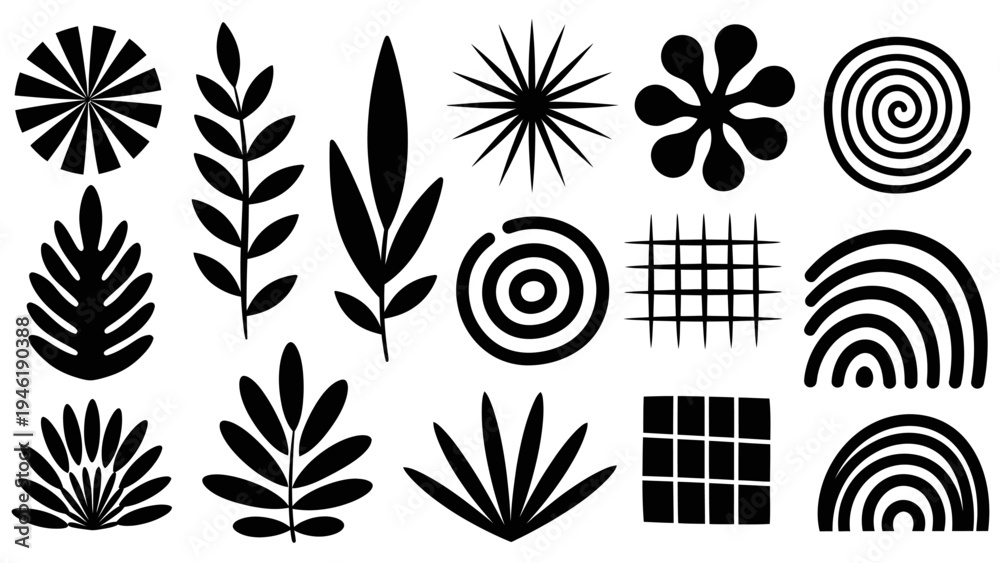 Fototapeta premium Collection of Abstract Black Organic Shapes and Botanical Elements.