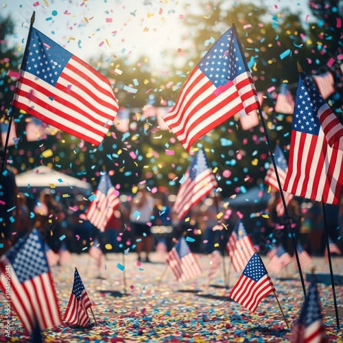 American Flags Celebration with Confetti and Blurred Crowd