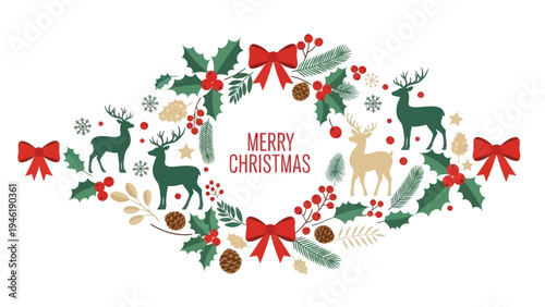 Christmas Wreath with Reindeer and Holly Berries.