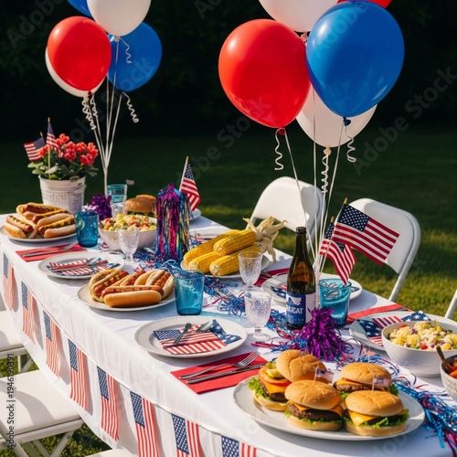 Festive Fourth of July Table Setting with Burgers and Balloons