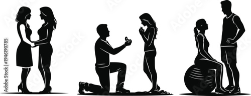 Black silhouette couples interaction set, proposal romance and conversation poses, relationship scenes vector illustration isolated on white background