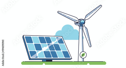 Clean energy generation: solar panel and wind turbine illustration