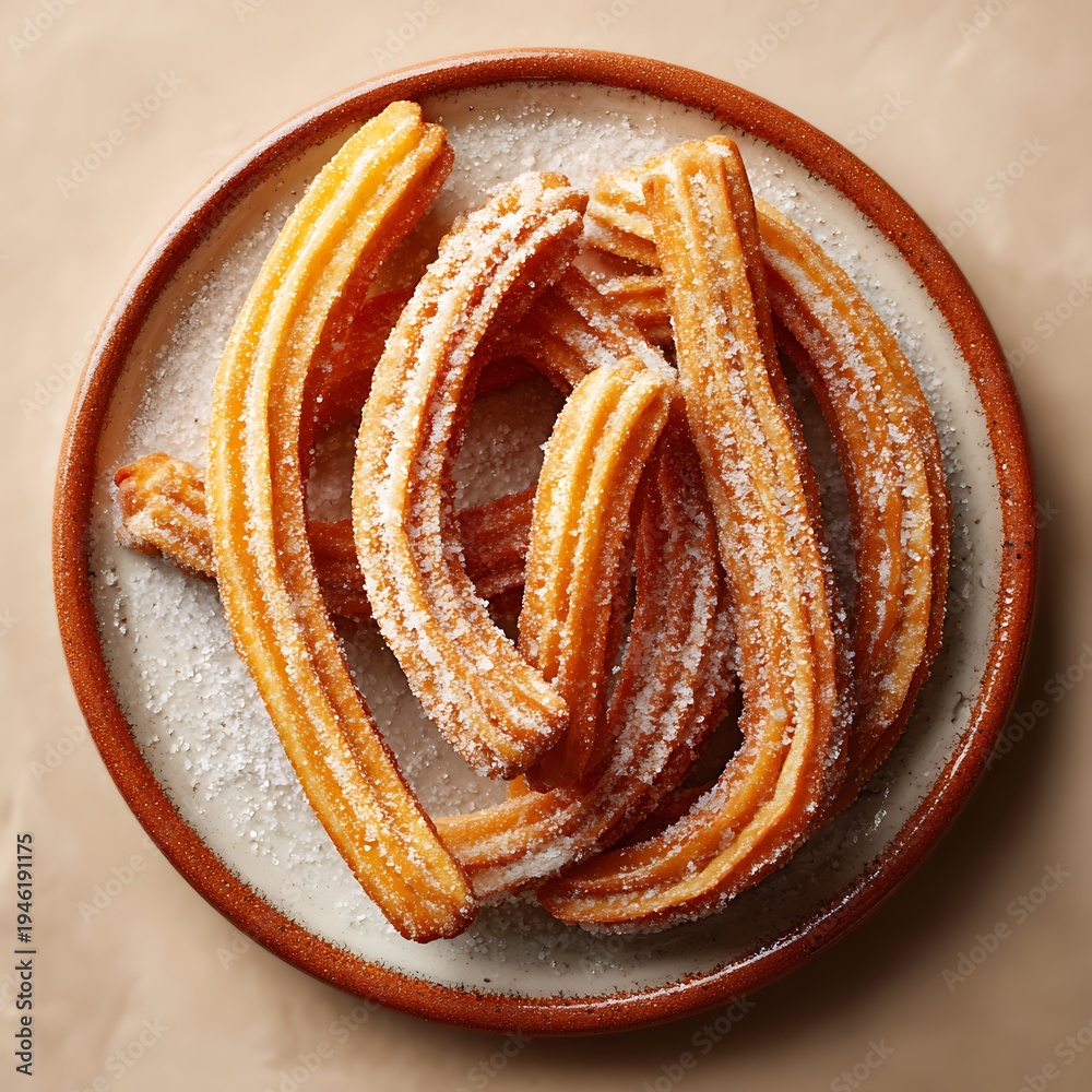 Fototapeta premium Golden Brown Churros Coated in White Sugar On A Ceramic Plate Overhead View