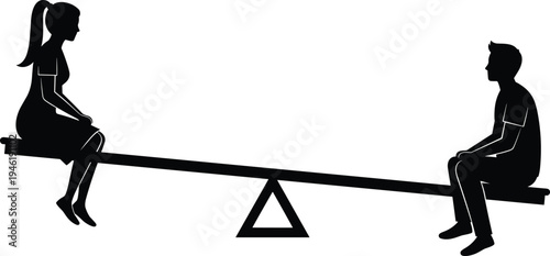 Boy and girl sitting on seesaw silhouette, playground balance game concept, children friendship fun vector illustration isolated