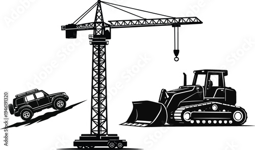 Black silhouette construction machinery set with tower crane, bulldozer and off road SUV, heavy equipment vector illustration isolated