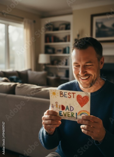 Man Smiling with Colorful Handmade Father's Day Card Indoors