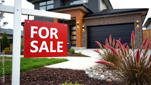 Modern suburban home displaying a prominent red for sale sign near green landscaping