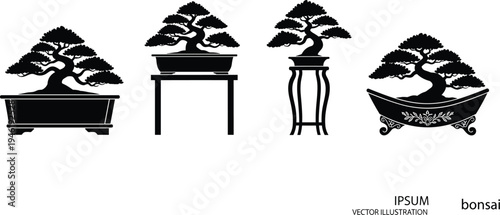 Bonsai tree silhouette collection in decorative pots and stands, elegant Japanese miniature tree vector set isolated, zen garden botanical illustration for logo, design, and decoration