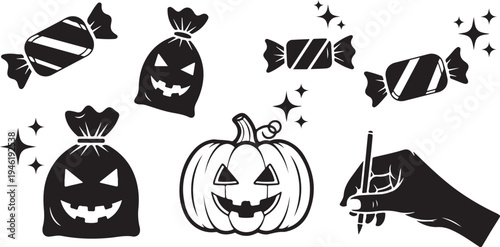 Halloween icons including pumpkin and trick or treat bags