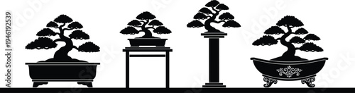 Bonsai tree silhouette collection in decorative pots and stands, Japanese miniature tree art vector illustration set for zen garden, nature decor and botanical design