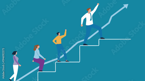 Vector illustration of 4 people climbing stairs with arrow, business success concept
