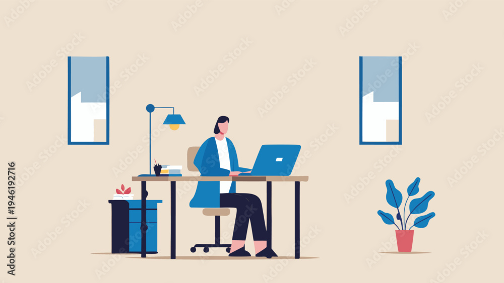 Fototapeta premium Vector illustration of businesswoman working at office desk
