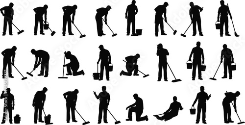 Collection of janitor and cleaning worker silhouettes performing mopping sweeping floor maintenance tasks with bucket and tools isolated black silhouettes for housekeeping service concept
