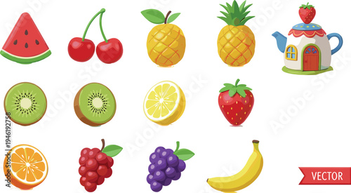 Colorful fruit collection vector illustration with watermelon cherries pineapple kiwi lemon strawberry orange grapes banana and cute teapot house clipart isolated on light background