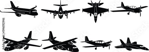Airplane silhouette collection isolated on white background, jet fighter cargo passenger aircraft set, aviation transport vector bundle
