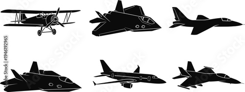 Aircraft silhouette collection, vintage biplane fighter jet and passenger airplane isolated on white background aviation illustration set