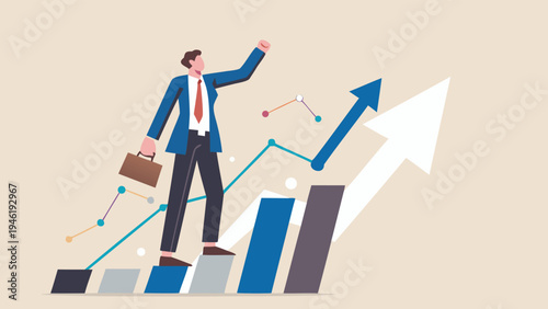 Vector illustration of businessman climbing graph with arrow