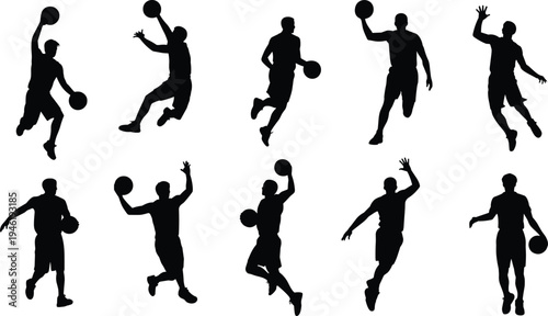 Basketball player silhouettes collection isolated on white background dynamic jump shoot dribble poses flat vector illustration sports action design