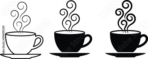 Black and white coffee cup set with steam, minimalist teacup silhouettes, hot beverage icon collection isolated on white background vector