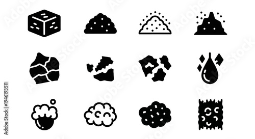 Black icons, damage symbols, cracks, breaks, destruction, flaws, vector graphics