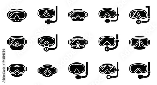 Scuba diving masks, snorkeling goggles, black icons, 16 symbols, vector graphics