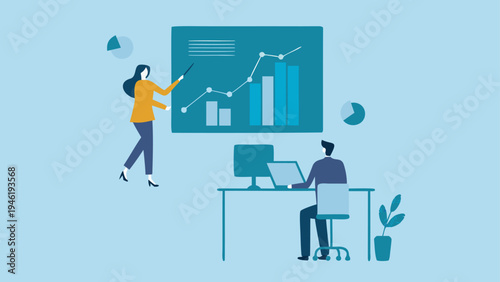Vector illustration of business people working with data and computer, office scene