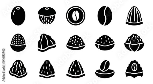 Black coffee bean icons, vector coffee symbols, 16 coffee beans, illustration set