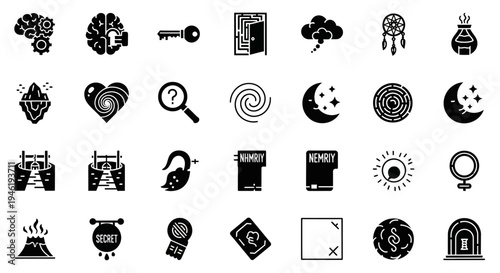 Black icons set, 25 mystic symbols, celestial objects, and magical elements, vector graphics
