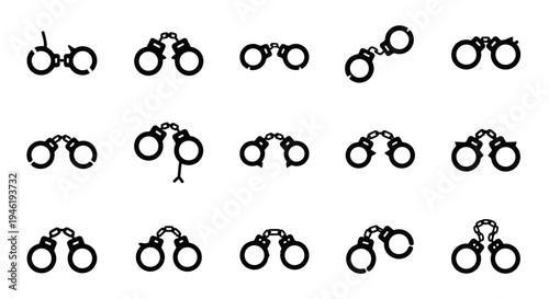 Handcuff icons, police restraint symbols, law enforcement graphics, black vector illustrations