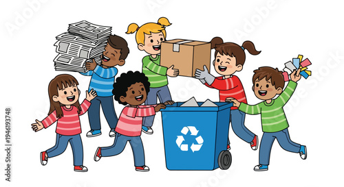 A diverse group of cheerful children actively participates in recycling, sorting newspapers, cardboard, and other materials into a blue bin.