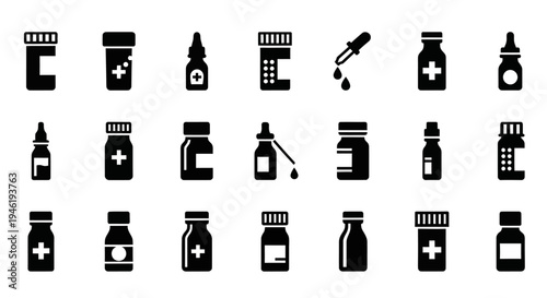 A collection of simple black and white icons representing various types of pharmaceutical bottles, droppers, and containers, suggesting medicine, healthcare, and pharmacy services