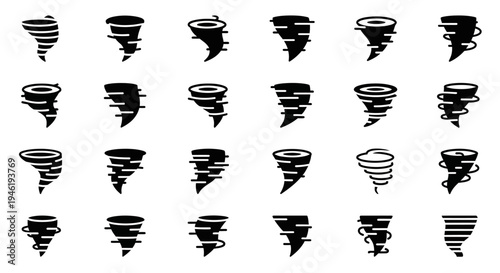 Collection of Tornado Icons, Representing Powerful Weather Phenomena and Natural Disasters, Diverse Styles and Interpretations