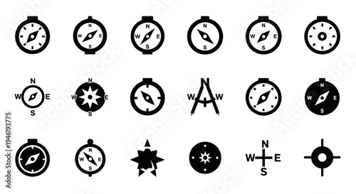 A curated collection of diverse compass icons, showcasing various designs for navigation, direction, and exploration, perfect for travel and adventure themes
