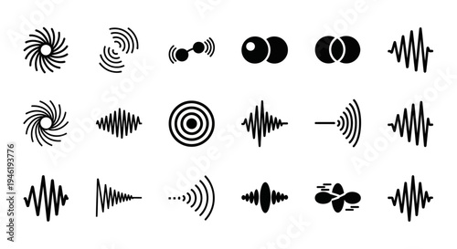 Collection of abstract sound wave and oscillation graphics, symbolizing audio, vibration, and signal transmission in a modern, minimalist style