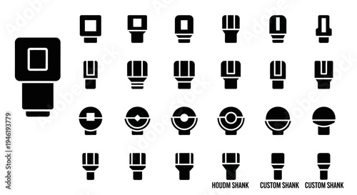 Collection of camera flash icons, illustrating various types of external strobes and lighting modifiers for professional photography and videography setups