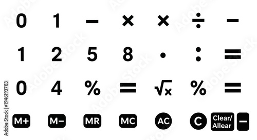 Collection of calculator buttons and mathematical symbols, showcasing numbers, operations, and special functions for calculation and arithmetic tasks