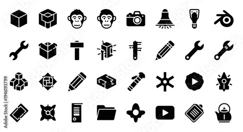 Collection of Black and White Vector Icons Representing Various Tools, Objects, and Concepts for Design, Development, and Creative Projects