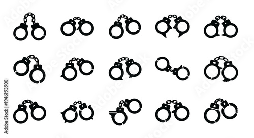 A diverse collection of stylized handcuff icons in black silhouette, representing concepts of law enforcement, justice, and security in a clean vector graphic format for digital designs