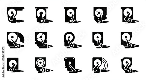 Comprehensive Vector Icon Set Featuring Diverse Hard Drive Designs and Digital Data Storage Components, Ideal for Modern Technology, IT, and Computing Projects