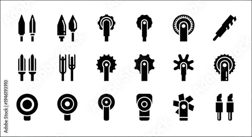 Vector Icon Set Showcasing an Array of Essential Gardening and Farming Tools, Gears, and Rotary Mechanisms for Agricultural and Horticultural Design Elements