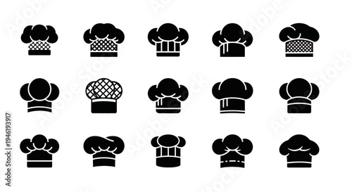 Diverse collection of black silhouette chef hats, toques, and professional culinary headwear vector icons, representing various styles for restaurant and kitchen uniform designs