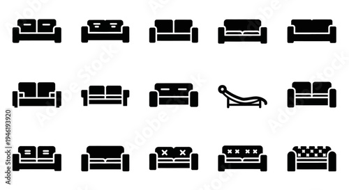 Variety of Minimalist Black Vector Sofa and Chaise Lounge Icons, Perfect for Furniture Design and Home Lifestyle Graphics and Web Elements