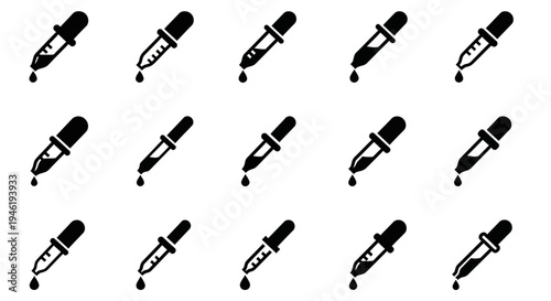 Illustrative assortment of monochrome droppers with falling liquid drops, perfect for medical, pharmaceutical, and scientific experiment representations and interface design