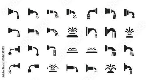Comprehensive Collection of Black Silhouette Icons Representing Water Flow, Pipe Outlets, Spouts, Faucets, and Fountain Designs for Hydration and Utility Themes