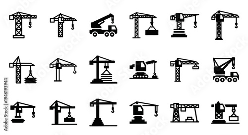 Diverse collection of crane icons, showcasing heavy lifting machinery for construction, industrial, and engineering projects. Essential vector elements for modern design applications